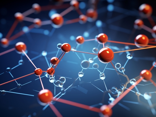 A close-up of a network of molecules, with arrows indicating the direction of chemical reactions and processes Generative AI